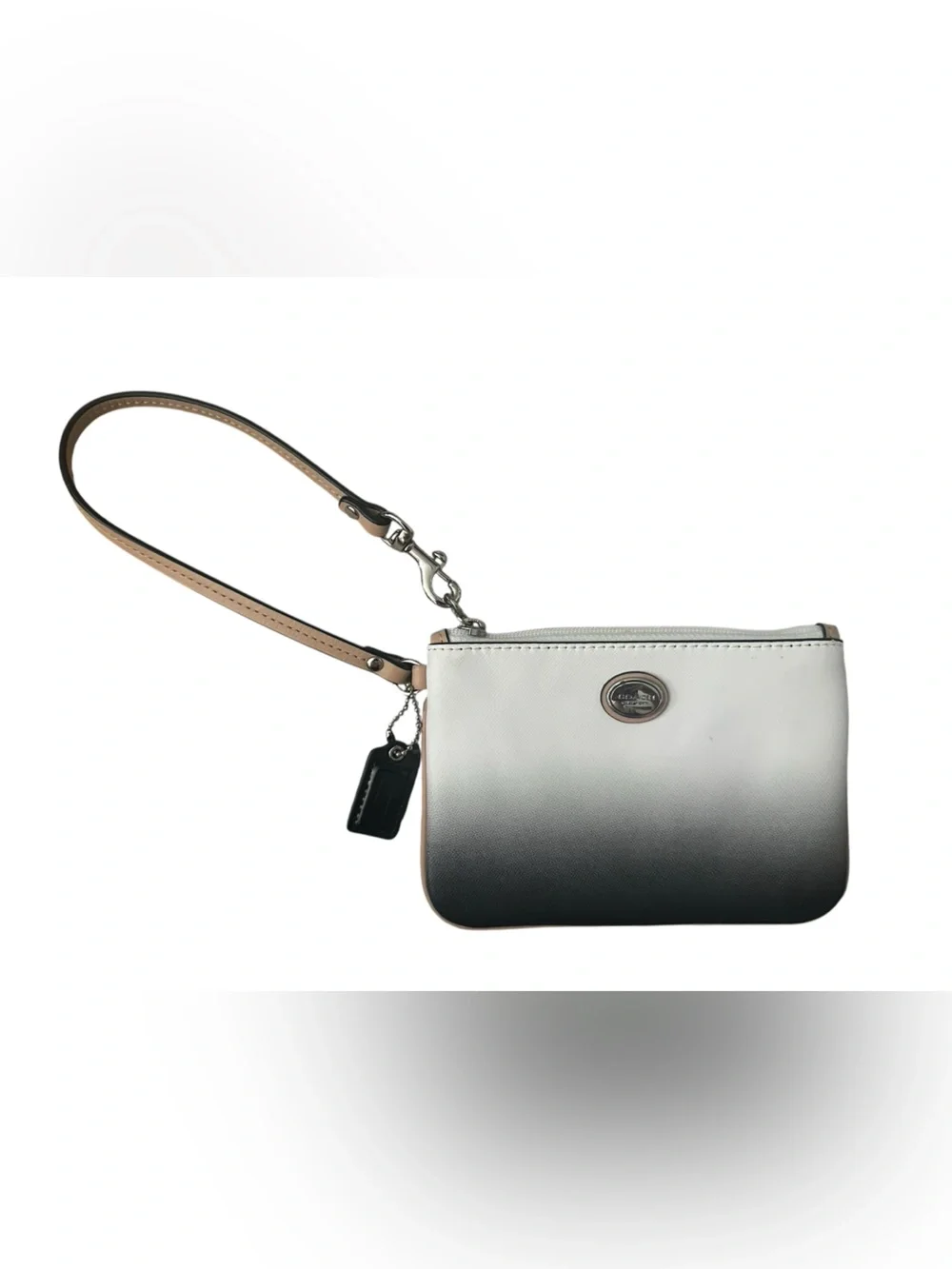Coach Ombre Black to White Leather Wristlet with Tan Strap